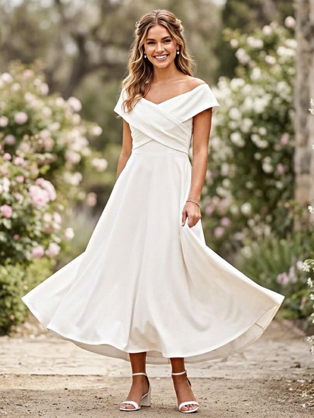 ELAGIA Bride Off Shoulder Midi Dress Flare Skirt Open Back White Elegant Wedding